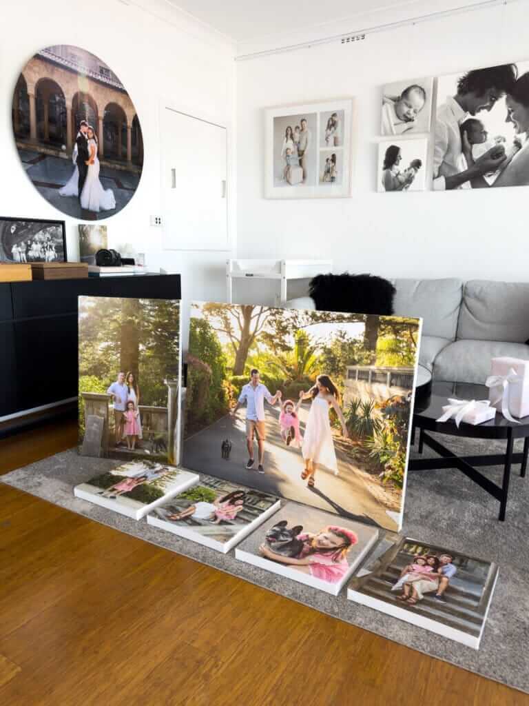 A large canvas collection featuring a family of 3 and their French Bulldog - part of a family and dog photography Perth session