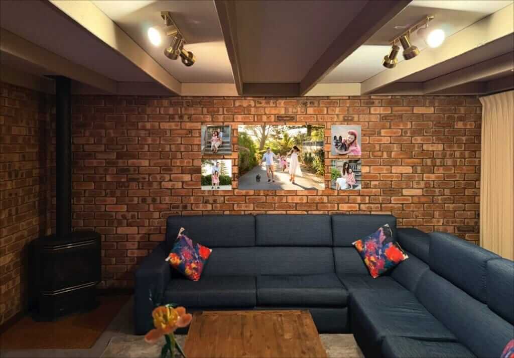 realistic digital mock up of a large canvas collection featuring a family and their French Bulldog, part of a family and dog photography Perth order.
